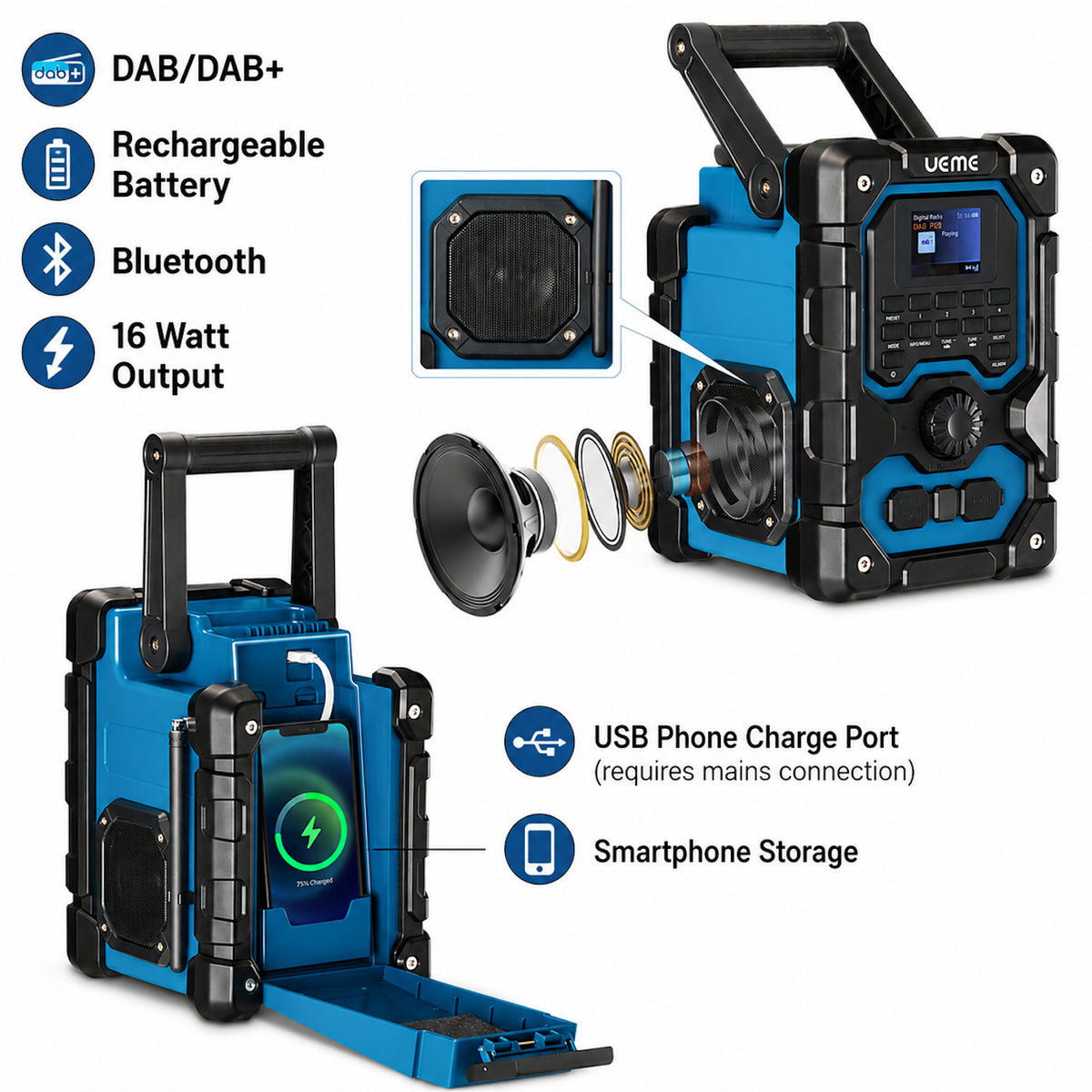 UEME 16W DAB/DAB+ FM Cordless Site Radio