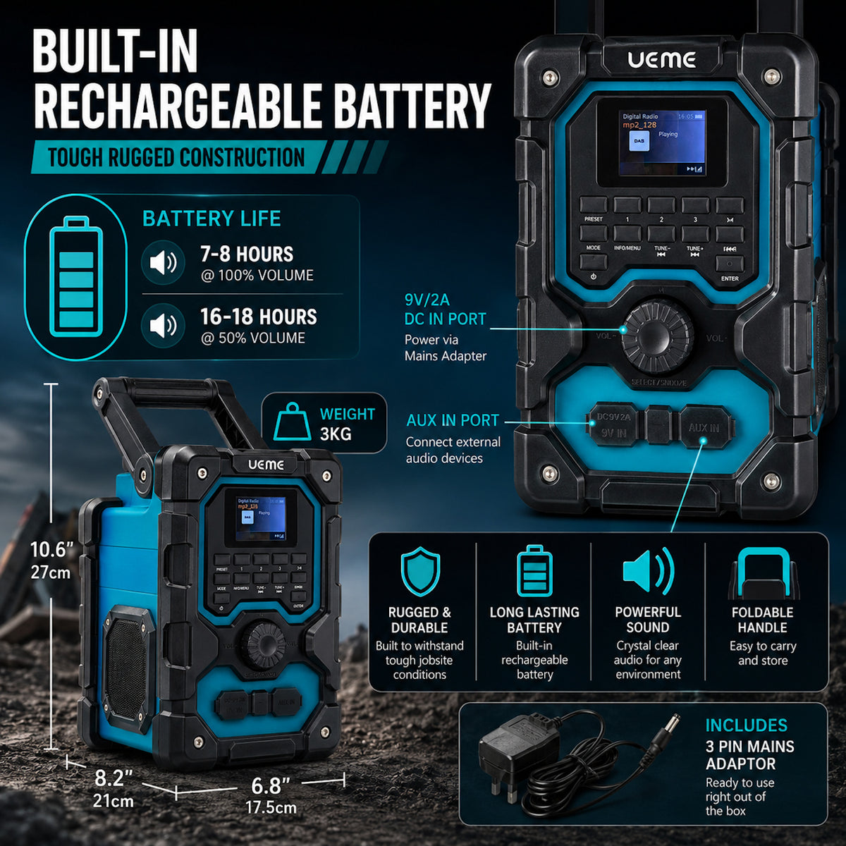 UEME 16W DAB/DAB+ FM Cordless Site Radio