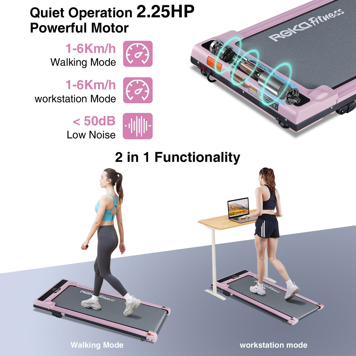 REKA Fitness Pink Treadmill - 2.25HP, Up to 6km/h Speed