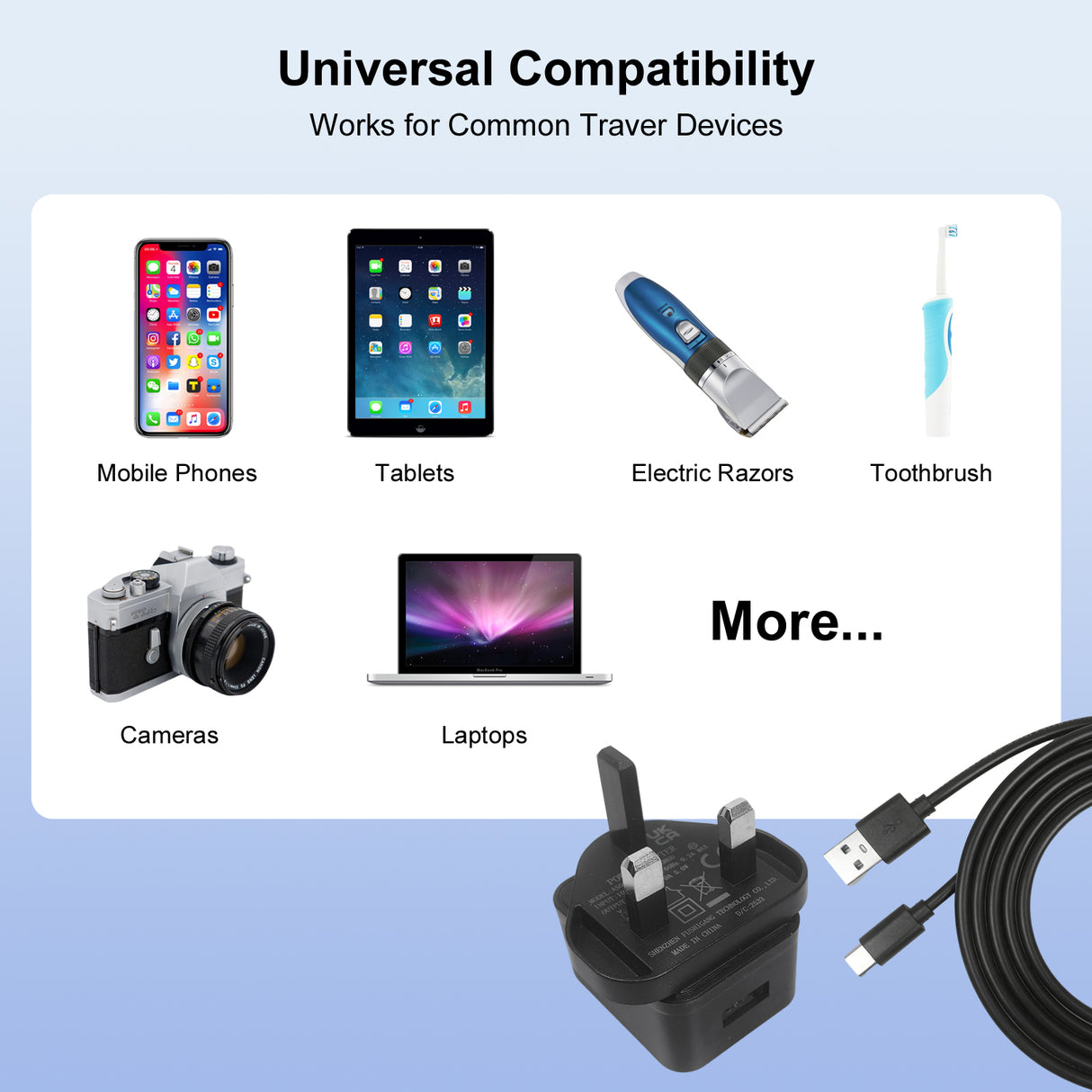 5V/1A USB Mains Charger Plug with Optional Charging Cable