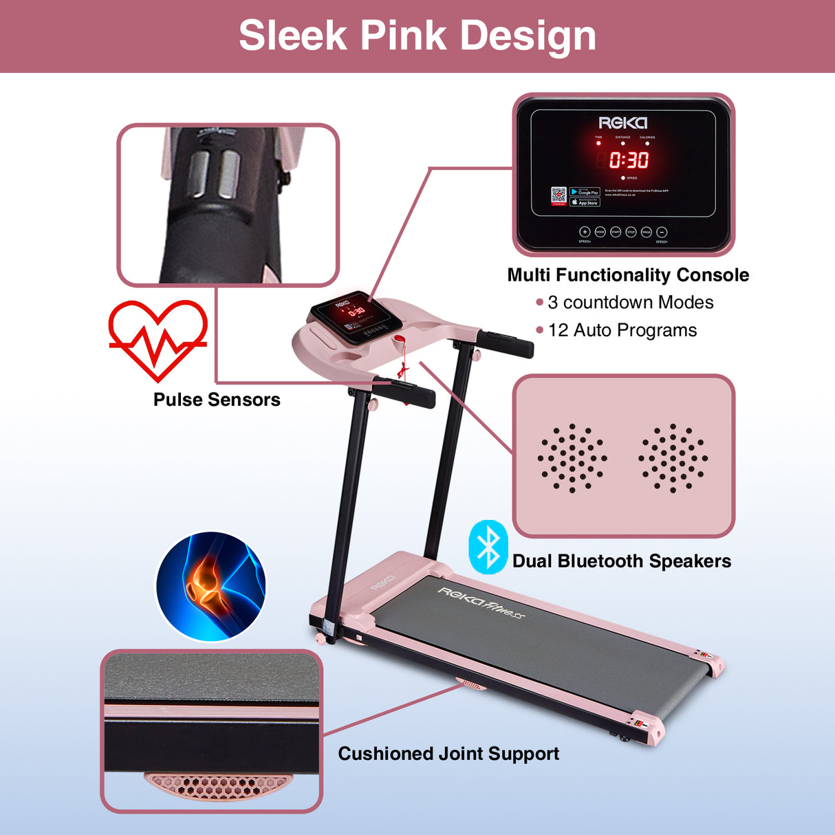 REKA Fitness Pink Treadmill – 2.5HP, Up to 12 km/h Speed