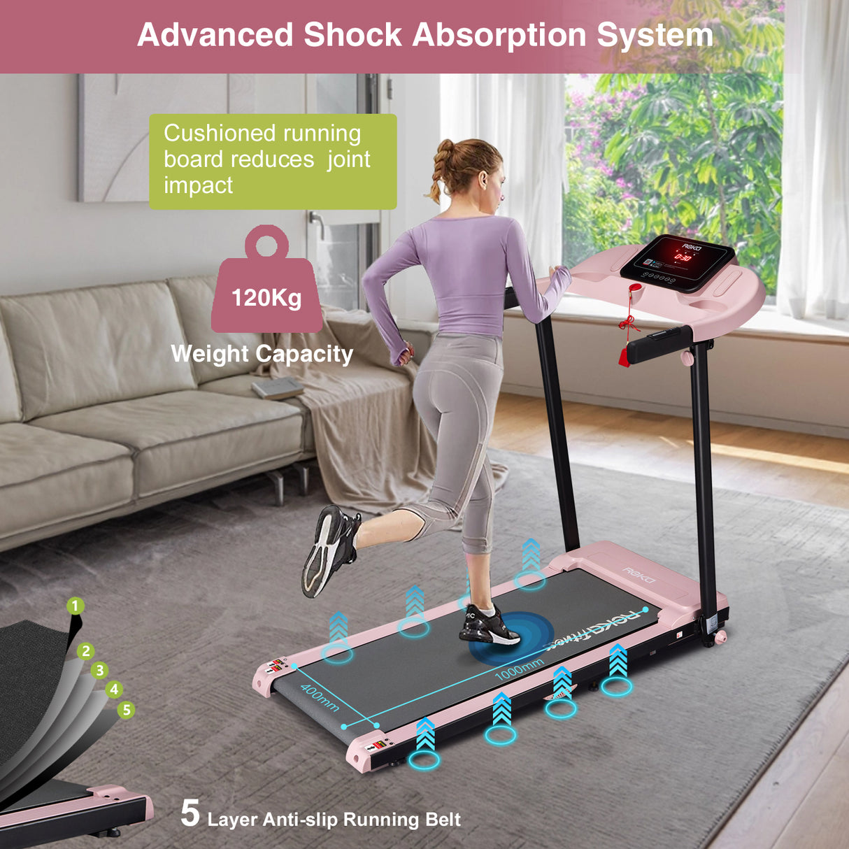 REKA Fitness Pink Treadmill – 2.5HP, Up to 12 km/h Speed