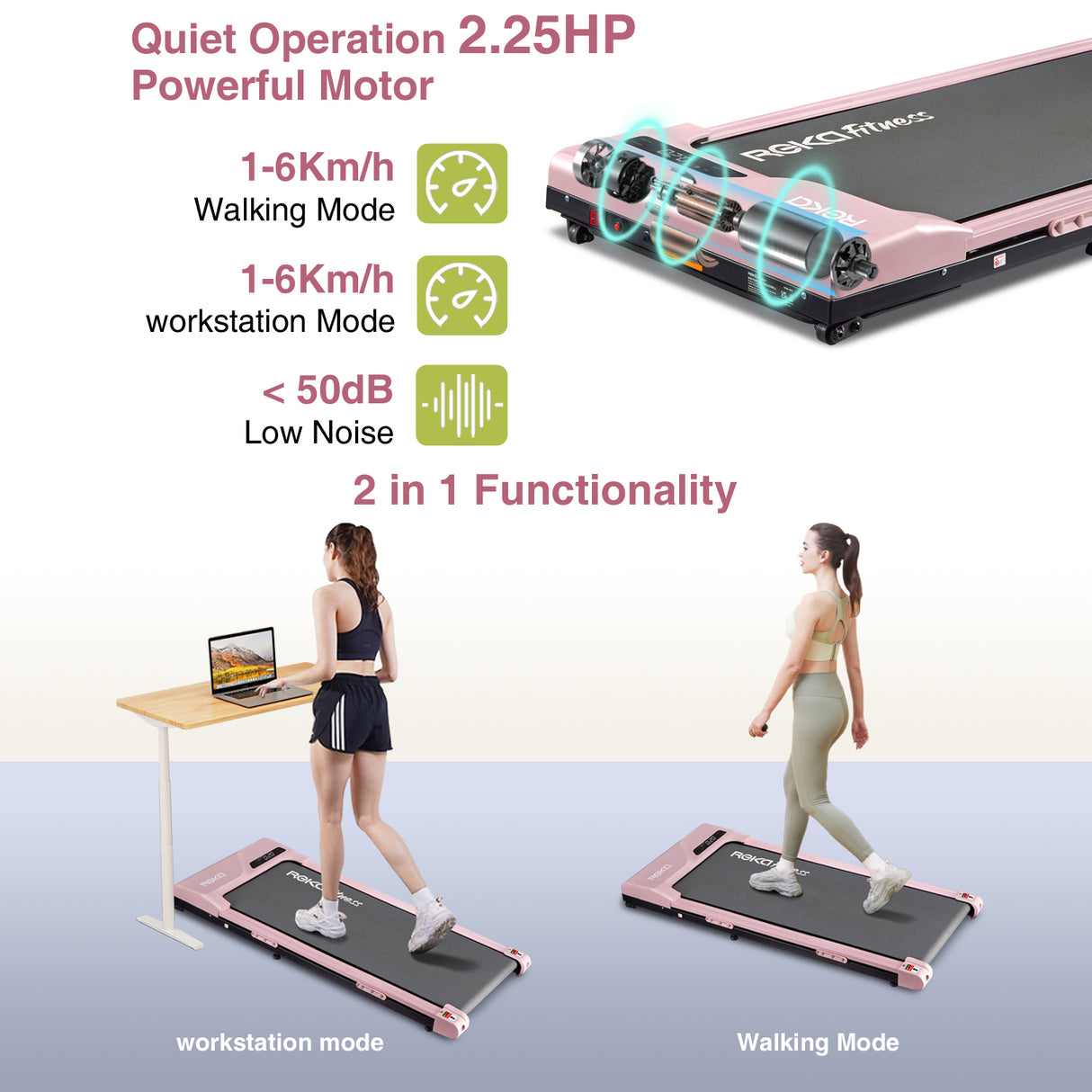 REKA Fitness Pink Treadmill - 2.25HP, Up to 6km/h Speed
