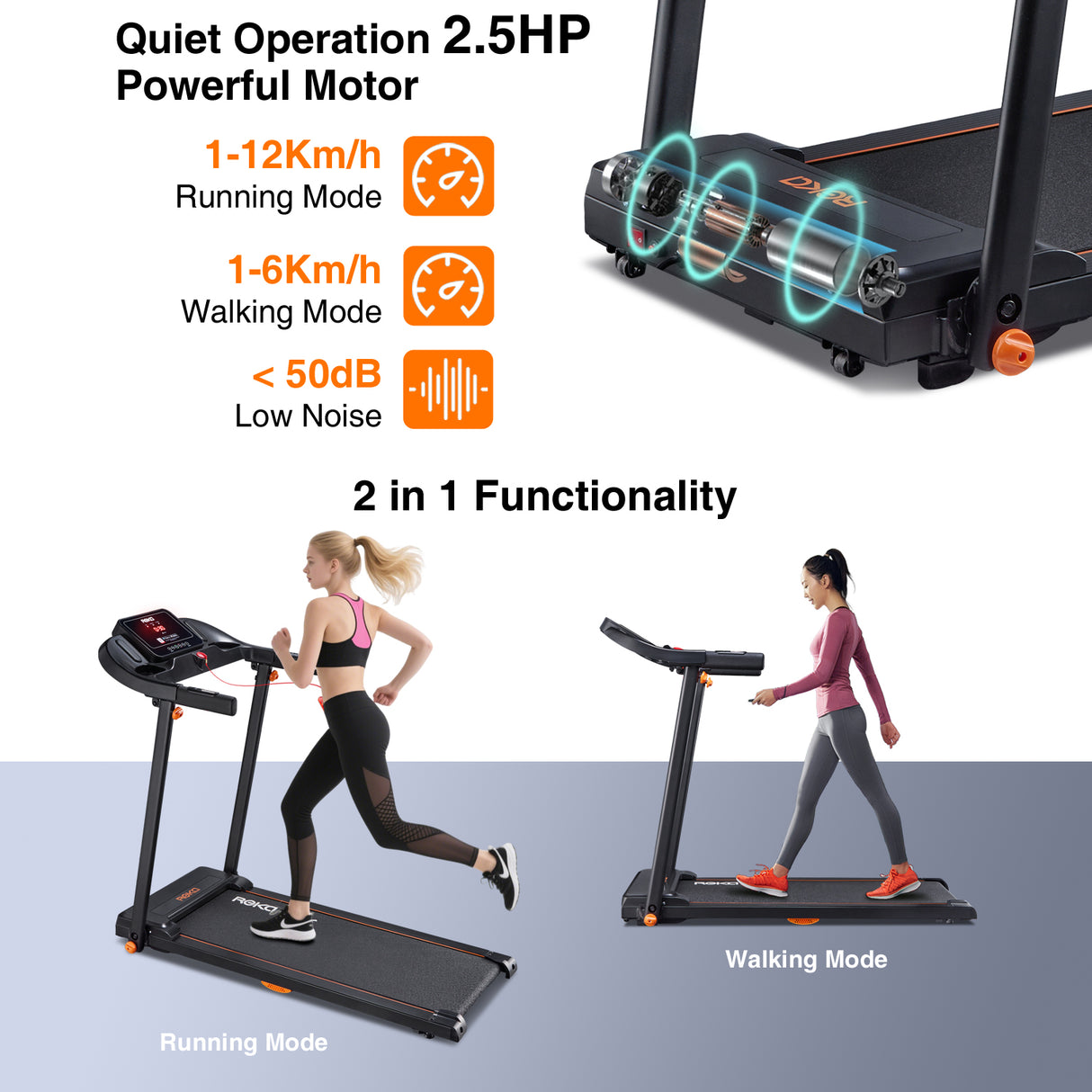REKA Fitness Black Treadmill - 2.5HP, Up to 12km/h Speed