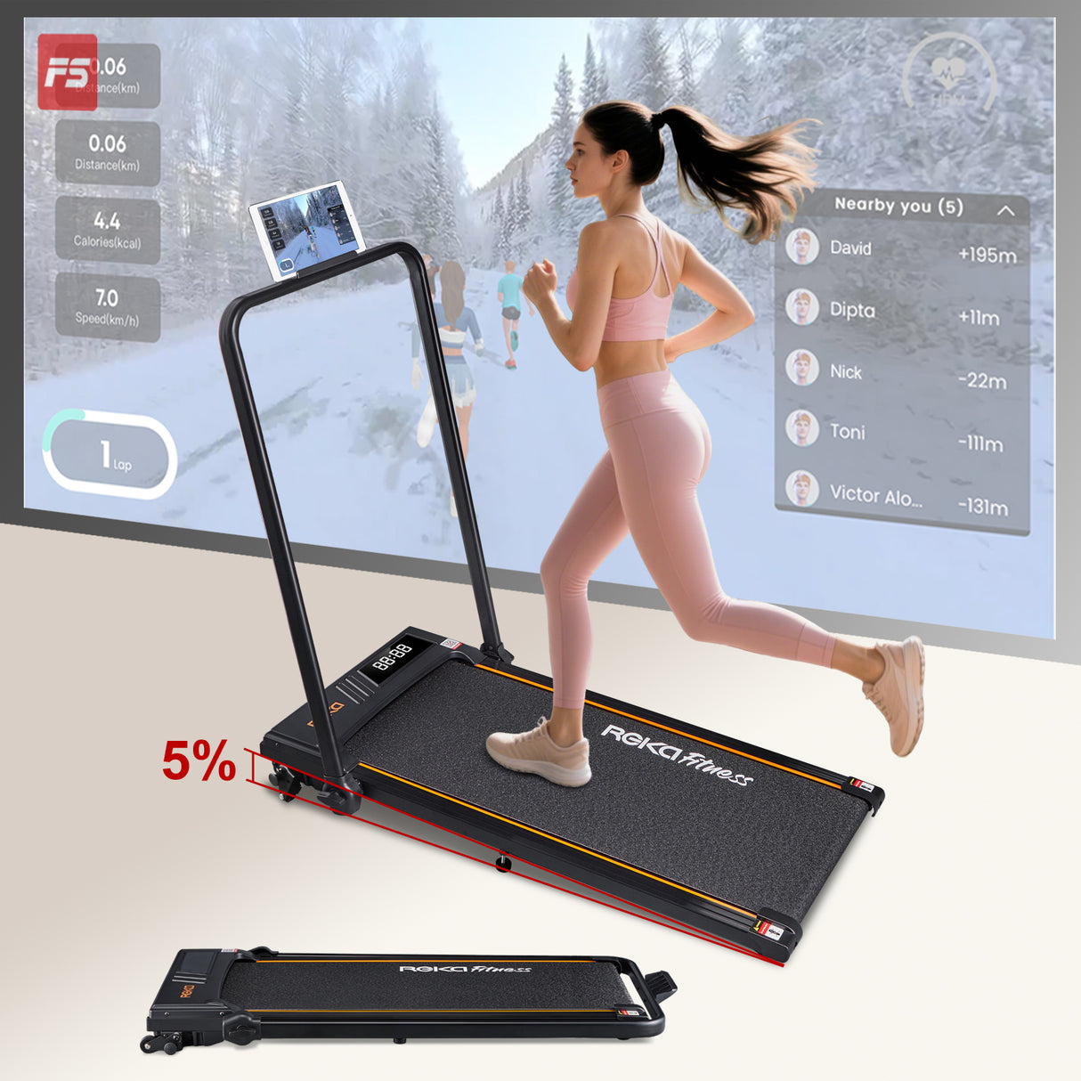 REKA Fitness Black Treadmill - 2.25HP, Up to 10km/h Speed