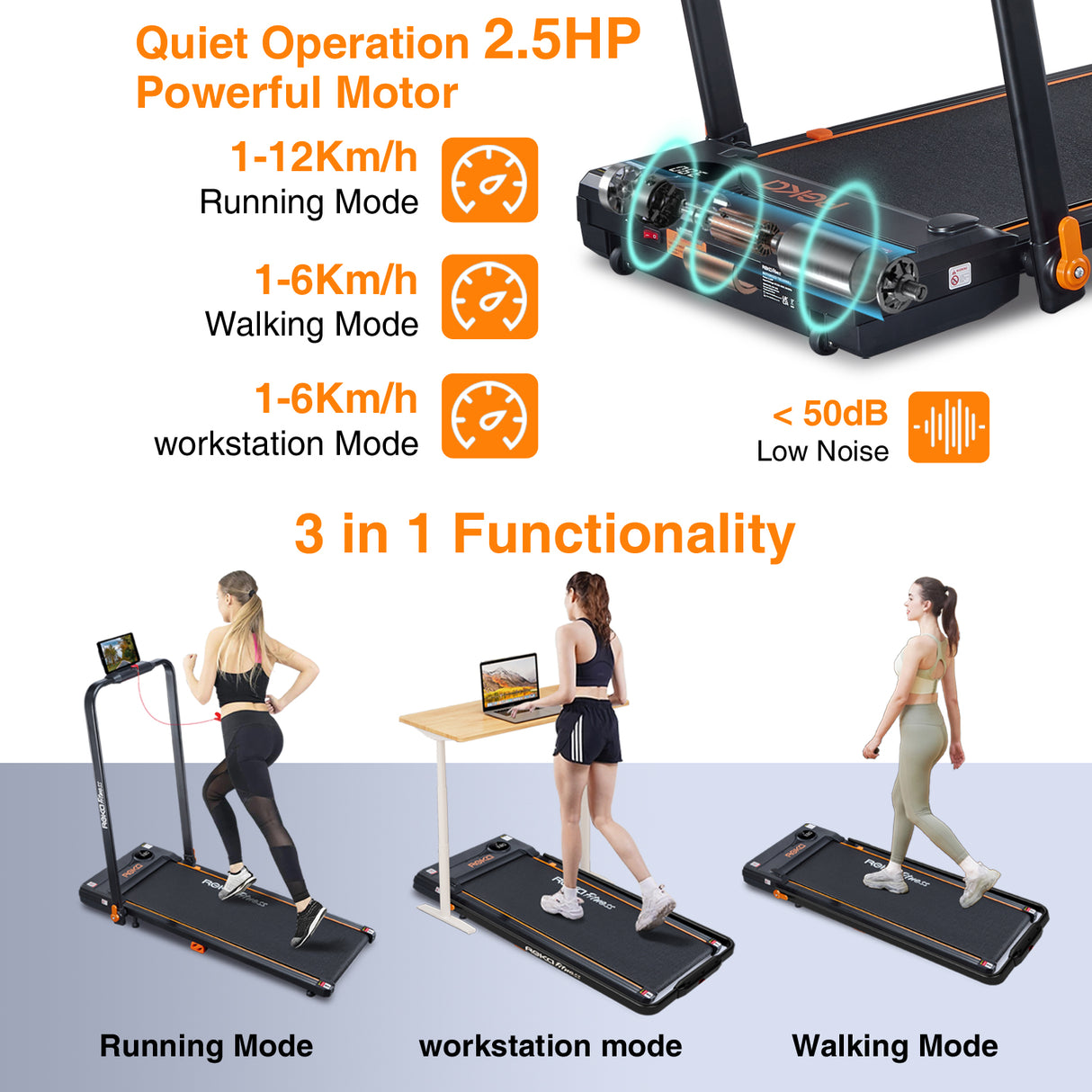 REKA Fitness 2-in-1 Treadmill, 0-12km Speed